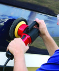 Person using orbital buffer with 6.5 Inch Polishing Pad Set Of 2 For Orbital Buffers And Marine Detailing Foam And Fiber Pads on boat