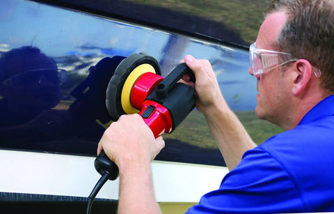 Person using orbital buffer with 6.5 Inch Polishing Pad Set Of 2 For Orbital Buffers And Marine Detailing Foam And Fiber Pads on boat