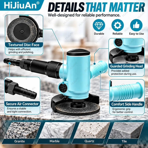 Heavy Duty Four Inch Pneumatic Angle Grinder Featuring Smooth Kickass Rotary Trigger And Clever Side Vent Exhaust For Zero Fuss Metal Grinding Polishing Air Powered Workshop Beast with textured disc and secure air connector.