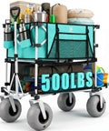 Heavy Duty 500 Lb Double Decker Wagon Cart with 9 Inch Balloon Wheels for Sand, fully loaded with beach gear.