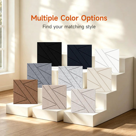 Super Easy Peel And Stick Acoustic Wall Panels High Density Polyester Fiber Sound Absorbing Tiles 12 Pack in multiple colors.