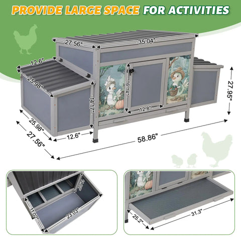 Diagram of Wooden Chicken Coop With Nesting Boxes And Roosting Bars 59 Inches Large Outdoor Poultry Hutch For Backyard Weatherproof Hen House With Easy Clean Tray Ventilated Cage For Ducks And Rabbits Gray.