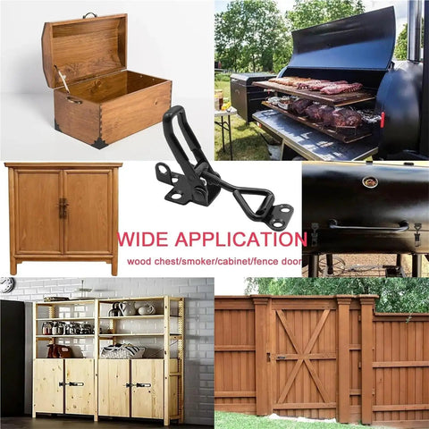 8 Piece Toggle Latch Set With Adjustable Cabinet Lever Handles For Secure Closures shown on wood cabinets and fences