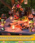 2 Pack Tiki Solar Lights 11.8 Inch Outdoor Tiki Statue Garden Torch Lamps With Flickering Eyes Bar Sign Flamingo Theme Solar Powered Lawn Decor for Patio Balcony Porch and Yard displayed on a decorated picnic table with wine and fruit.