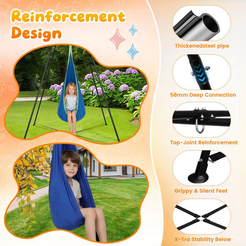 Swing Stand Frame With Sensory Swing And Pod Swing For Kids Heavy Duty X Frame Indoor Outdoor Sensory Hammock With Stand 330 Lbs Capacity Kid Friendly Autism Fun For Home Backyard Park Blue showing reinforcement design details.