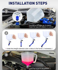 Installation steps for 2026 Top Tier Coolant Bleeder Funnel Kit No Sweat Radiator Burping Aid showing funnel with translucent measurement.
