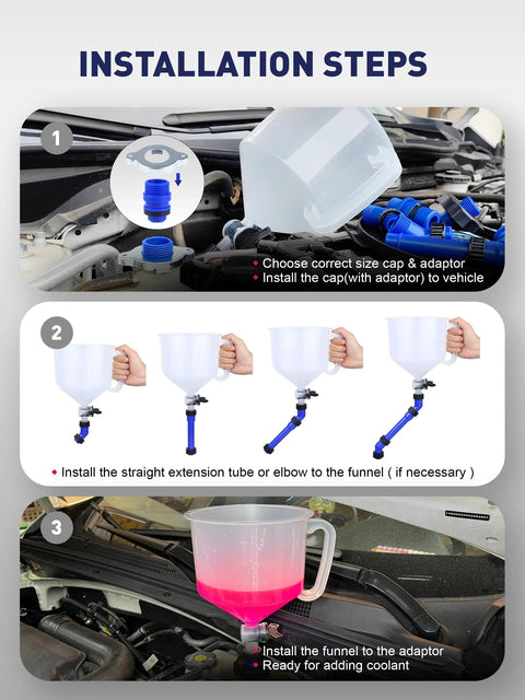 Installation steps for 2026 Top Tier Coolant Bleeder Funnel Kit No Sweat Radiator Burping Aid showing funnel with translucent measurement.