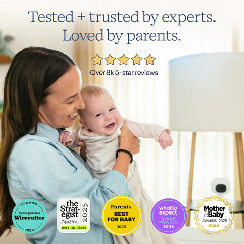 Next Level Smart Baby Video Monitor With Big Time Sleep Tracking And Rock Solid Night Vision 1080P Hd Wi Fi Camera shown with happy parent and infant.