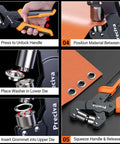 All In One Grommet Tool Kit With Four Jaw Sizes One Half Inch One Quarter Inch Five Sixteenths Inch Three Eighths Inch For Quick Change Eyelet Setting Includes 370 Grommets Handheld Pliers For Tarps Tents Canvas Vinyl Leather Craft Projects DIY Friendly step-by-step use.