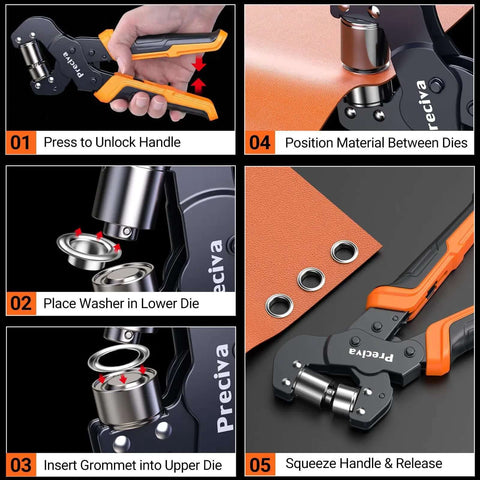 All In One Grommet Tool Kit With Four Jaw Sizes One Half Inch One Quarter Inch Five Sixteenths Inch Three Eighths Inch For Quick Change Eyelet Setting Includes 370 Grommets Handheld Pliers For Tarps Tents Canvas Vinyl Leather Craft Projects DIY Friendly step-by-step use.