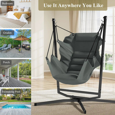 360 Degree Swivel Hammock Swing Chair With Stand Cushioned Hanging Chair For Indoor And Outdoor Use Holds Up To 400 Lbs Cozy