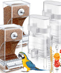 Seven Piece Bird Feeder And Water Dispenser Set For Parrot Cages No Mess Automatic Feeding Station with acrylic cups and stainless steel skewers.