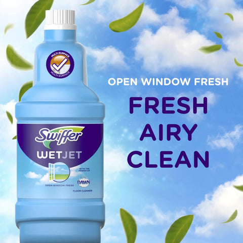 WetJet Hardwood And Floor Spray Mop Cleaner Starter Kit cleaning solution bottle with fresh airy clean on label