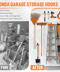 Before and after comparison of a garage using 20 Pack Heavy Duty Garage Hooks Set With 7 Sizes And 2 Extension Cord Organizer Straps.