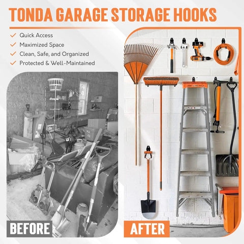 Before and after comparison of a garage using 20 Pack Heavy Duty Garage Hooks Set With 7 Sizes And 2 Extension Cord Organizer Straps.
