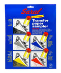 Wax Free Transfer Paper Sampler Pack With Five Color Sheets 8 By 11 Inches Each Color Red Blue Yellow White Graphite For Arts And Crafts DIY Projects Ceramics Wood Fabric Paper And More, showing product packaging with color examples.