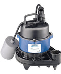 Heavy Duty Half Horsepower Submersible Effluent Pump With Integrated Float Switch Cast Iron Motor Housing Rugged Thermoplastic Body Foolproof Water Removal 115 Volt Blue Zero Fuss Assembly Built Like A Tank For Daily Grind, side view.