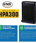 Image showing Eight Pack Carbon Activated Pre Filters For HPA300 Air Purifier Replacement Precise Fit No Hassle Install Reduces Dust And Particles Before The Main Filter Save Time And Money On Filter Replacements, highlighting 8 pack and pre-cut feature with purifier model.