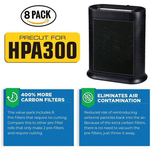 Image showing Eight Pack Carbon Activated Pre Filters For HPA300 Air Purifier Replacement Precise Fit No Hassle Install Reduces Dust And Particles Before The Main Filter Save Time And Money On Filter Replacements, highlighting 8 pack and pre-cut feature with purifier model.