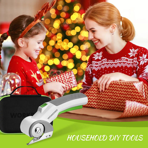 WorkPro Cordless Electric Scissors Rechargeable Power Rotary Cutter For Fabric Leather Metal Paper And Carpet Heavy Duty DIY Tool Easy Grip Ergonomic Design on table with holiday gifts.