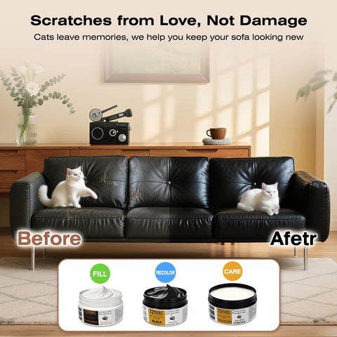 Black leather sofa before and after using All In One Leather Repair Kit With Recoloring Balm Filler And Conditioning Cleaner.