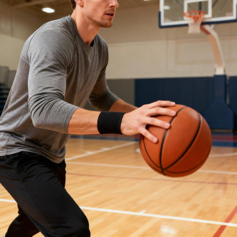 Basketball player wearing Wrist Support Brace For Sports And Training Neoprene Wrist Wraps With Thumb Loops dribbling ball