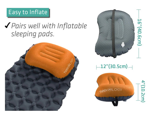 Ultralight Inflatable Camping Pillow ALUFT 2.0 on sleeping pad, showing ergonomic design and dimensions.