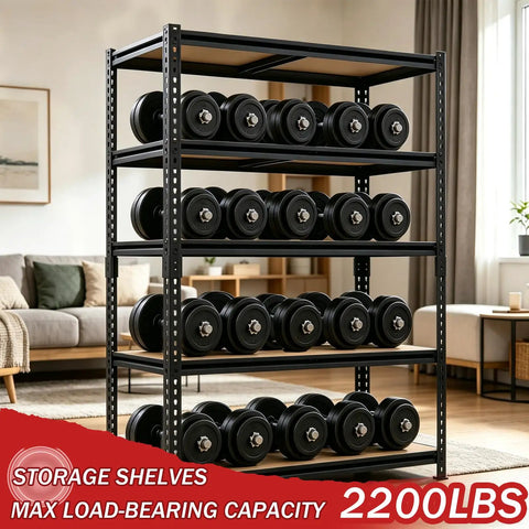 Beefy Heavy Duty Garage Shelving Rack 5 Tier Industrial Metal Storage Unit With 2400 Lbs Capacity Adjustable Shelves loaded with weights