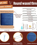 Pro Grade Upholstery Repair Sewing Kit With 32 Yard Waxed Thread And 8 Heavy Duty Leather Needles For Hand Stitching Canvas And Quilting Dark Blue 0.55mm Thread, showing thread spool and needle sizes.
