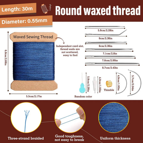 Pro Grade Upholstery Repair Sewing Kit With 32 Yard Waxed Thread And 8 Heavy Duty Leather Needles For Hand Stitching Canvas And Quilting Dark Blue 0.55mm Thread, showing thread spool and needle sizes.