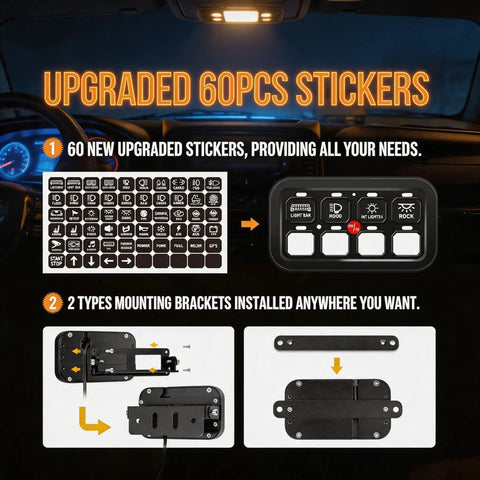 60-piece sticker set and mounting brackets for Beefy 8 Gang Offroad Switch Panel With Auto Dimmable LED Backlight Touch Control.
