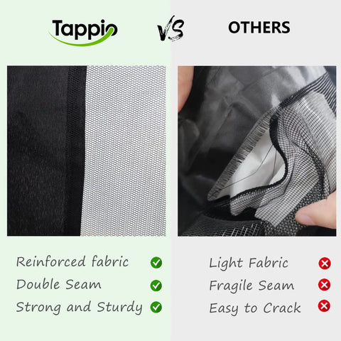 Comparison of Tappio's 10x10 Mosquito Net With Zipper For Patio Gazebo to others, showing reinforced fabric and double seam.