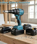 Badass Heavy Duty Cordless Pop Rivet Gun Workhorse With Smooth Pulling Action And Bright Led Light, Plays Nice With Makita 18V Batteries, Packs Three Sizes Of Aluminum Rivets For Zero Hassle Projects, featuring multiple batteries.