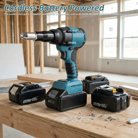 Badass Heavy Duty Cordless Pop Rivet Gun Workhorse With Smooth Pulling Action And Bright Led Light, Plays Nice With Makita 18V Batteries, Packs Three Sizes Of Aluminum Rivets For Zero Hassle Projects, featuring multiple batteries.