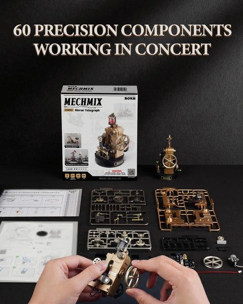 60 precision parts for Metal 3D Puzzle Mechanical Model Kit With Morse Telegraph Theme Steampunk DIY Industrial City Build Wireless 2 4G Link Receiver Realistic Gearwork Craft Gift For Adults And Teens Hands On Brain Teaser, box and parts shown