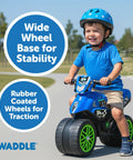 Kids Motorcycle Balance Bike For Tots Ride On Toy With Sounds Realistic Look Wide Wheelbase Rubber Coated Wheels Foot To Floor Riding Supports Up To 44 Lbs Blue For Ages 18 Months To 3 Years, toddler riding outdoors