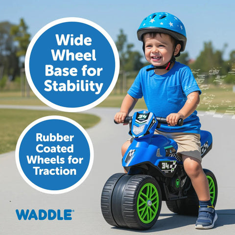 Kids Motorcycle Balance Bike For Tots Ride On Toy With Sounds Realistic Look Wide Wheelbase Rubber Coated Wheels Foot To Floor Riding Supports Up To 44 Lbs Blue For Ages 18 Months To 3 Years, toddler riding outdoors