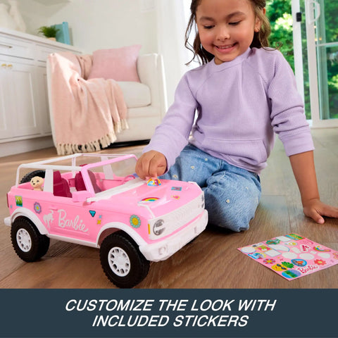 Child playing with Ford Bronco Remote Control RC Car for Barbie with Puppy Accessories, stickers visible for customization