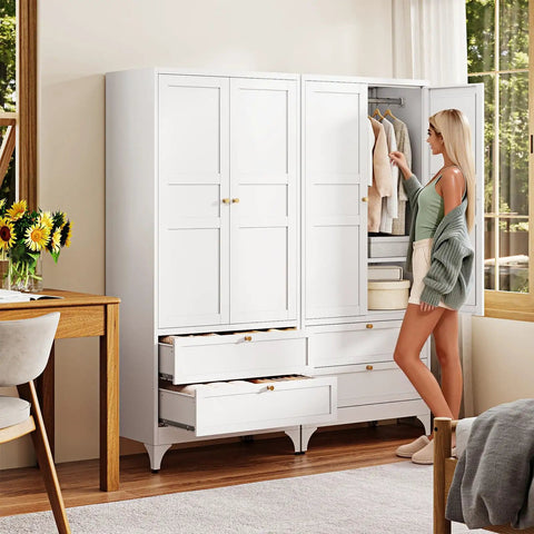 Built To Last Steel Armoire Wardrobe Closet With Doors Shelves And Hanging Rod 18 Inch Deep Metal Closet With Two Drawers in a bedroom.