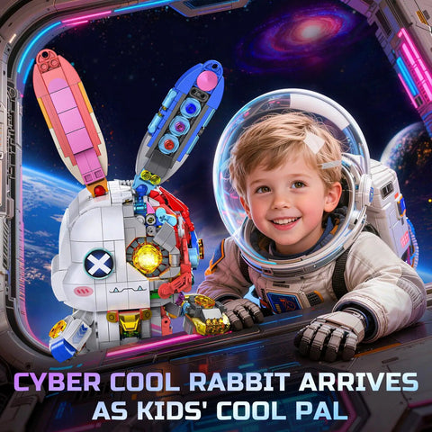 Cyberpunk Bunny Building Set With 1377 Pieces Lighting LED Eyes Exposed Gears And Lit Parts Create A Futuristic Robo Rabbit Model Kit For Kids Aged 8 To 12 With Multi Joint Flexible Head Ears Hands And Feet. kid beside assembled bunny