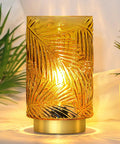 Cordless Battery Powered Table Lamp With LED Bulb And Timer Delivers A Lit Glow Leaf Veined Glass Nightlight In Soft Yellow With Gold Base