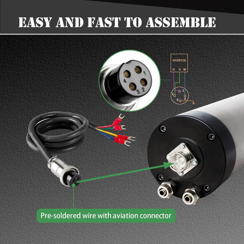 1.5KW Water Cooled CNC Spindle Motor 220V 80mm Mount with pre-soldered wire and aviation connector detail
