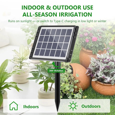 49Ft Solar Drip Irrigation System No Fuss Auto Watering Kit for 15 Pots shown with solar panel in garden setting