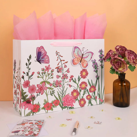 Extra Large 16.5 Inch 3D Butterfly Gift Bag Set With Handles, Greeting Card, Pink Tissue Paper And Stickers, Floral Design