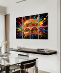 Eight Piece Peel And Stick Sound Absorbing Acoustic Panels Featuring Kitschy Burger Artwork in modern dining room.