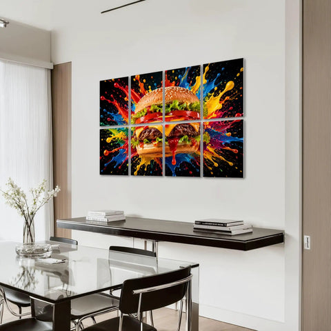 Eight Piece Peel And Stick Sound Absorbing Acoustic Panels Featuring Kitschy Burger Artwork in modern dining room.