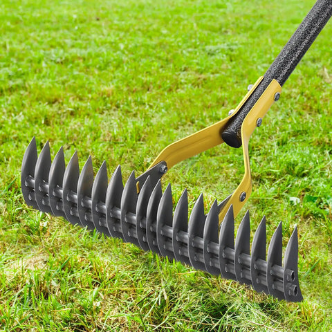 Close-up of 70 Inch Heavy Duty Metal Dethatcher Rake with 15 Inch Wide Double Edged Sharp Tines on grass