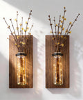 Game Changer Rustic Two Pack Wood Glass Wall Sconces Paired With Warm Twinkle Lights Smooth Farmhouse Indoor Planters For Living Room Walls Hanging Vase To Show Off Herbs And Trailing Greens with yellow branches and fairy lights.