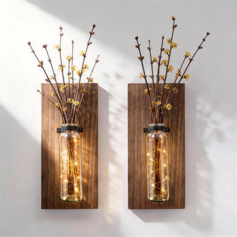 Game Changer Rustic Two Pack Wood Glass Wall Sconces Paired With Warm Twinkle Lights Smooth Farmhouse Indoor Planters For Living Room Walls Hanging Vase To Show Off Herbs And Trailing Greens with yellow branches and fairy lights.