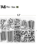 Nuts And Bolts Assortment Kit With 146 Pieces Stainless Steel Hardware Set Including M6 Screws In 7 Sizes Visible